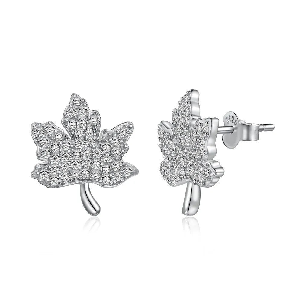 Pair of 925 silver maple leaf earrings for women with platinum-tone electroplating, each measuring 13.3 x 15mm.