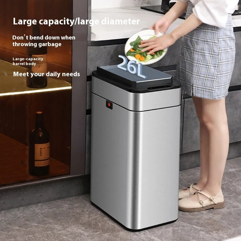 Inductive smart trash can in stainless steel with square bucket design and deodorant function