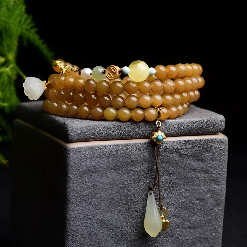 Women's green pine colour jade bracelet with beeswax finish and leaf sequins