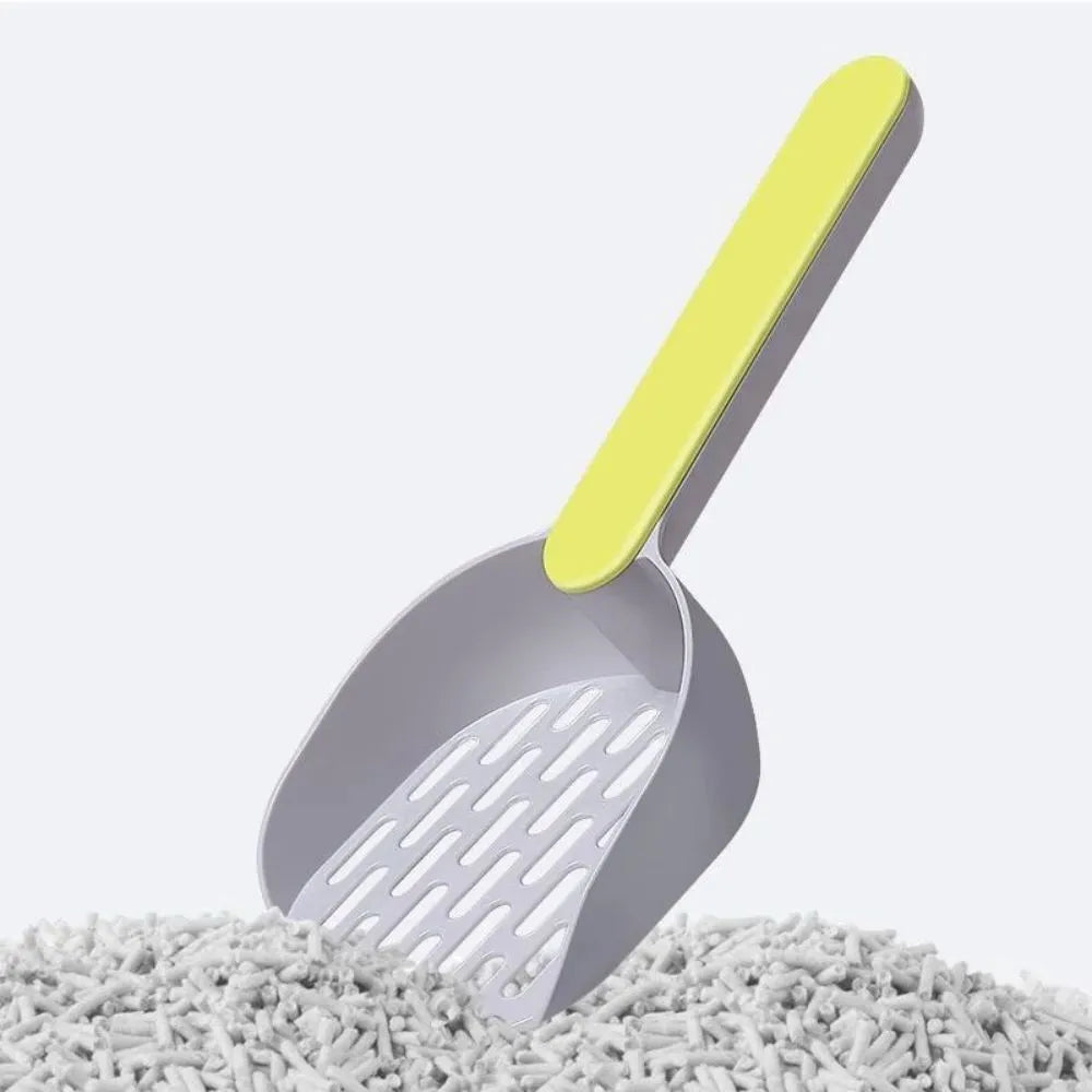 Blue plastic cat litter shovel scoop tool for cleaning litter boxes.