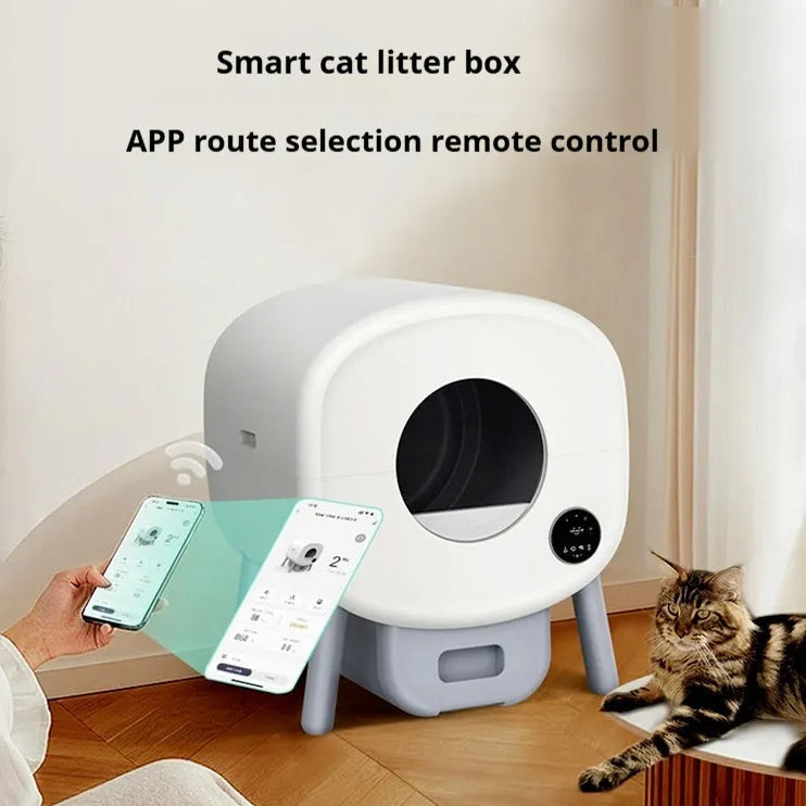 Automatic cat litter box with self-cleaning mechanism, 550mm width, 500mm depth, 645mm height dimensions