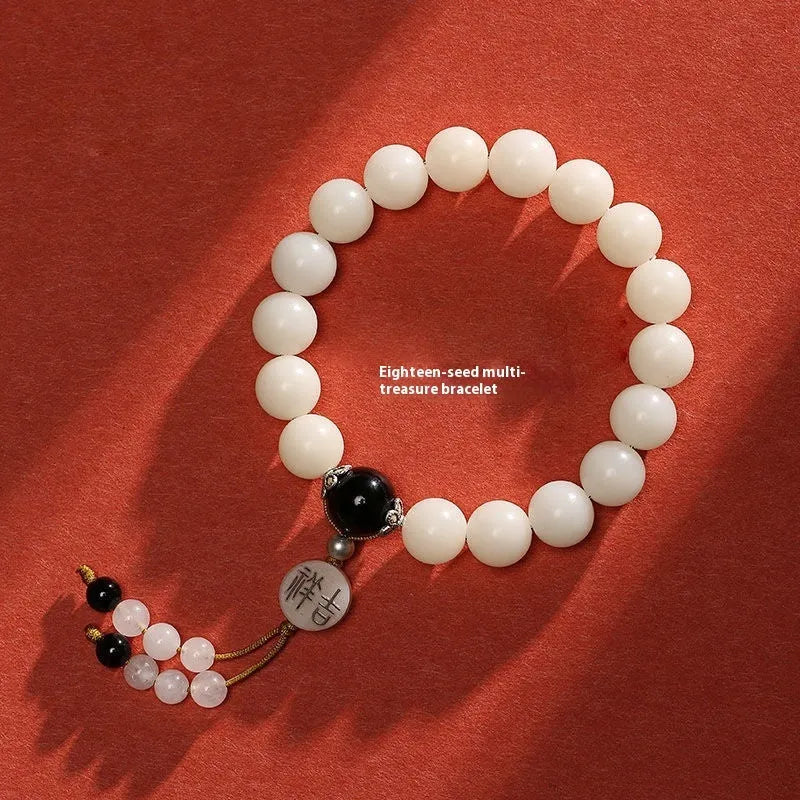 White Jade Bodhi bracelet with 10mm beads in three colour options showing manual processing details