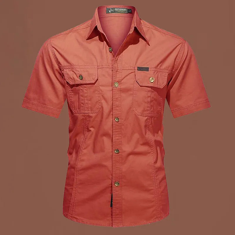Men's short sleeve cotton work shirt in Army Green with non-iron treatment and loose fit for outdoor use
