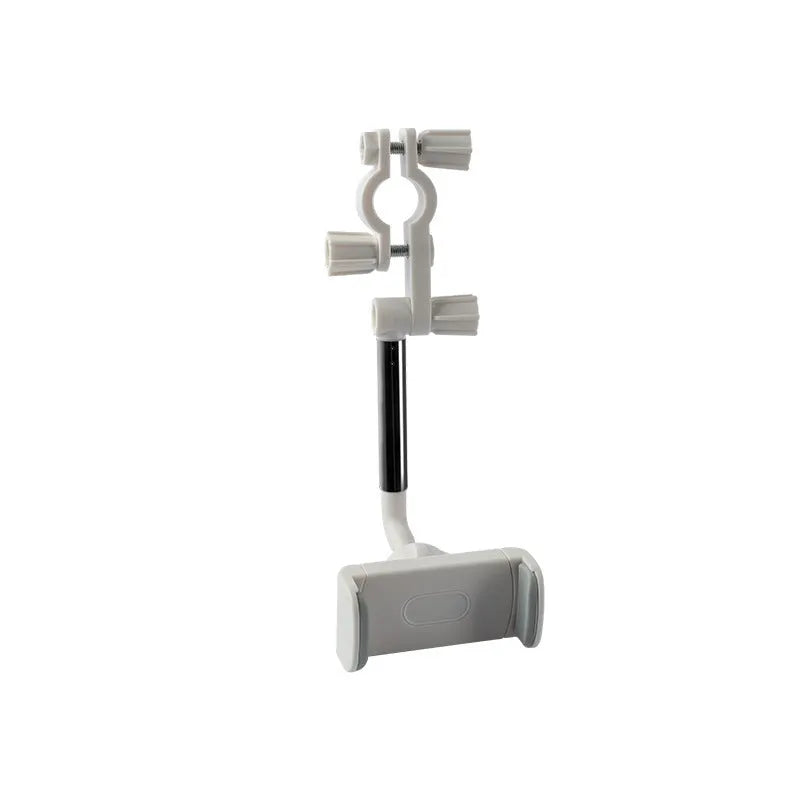 Black car phone holder mounted on rearview mirror with mobile phone secured in adjustable bracket
