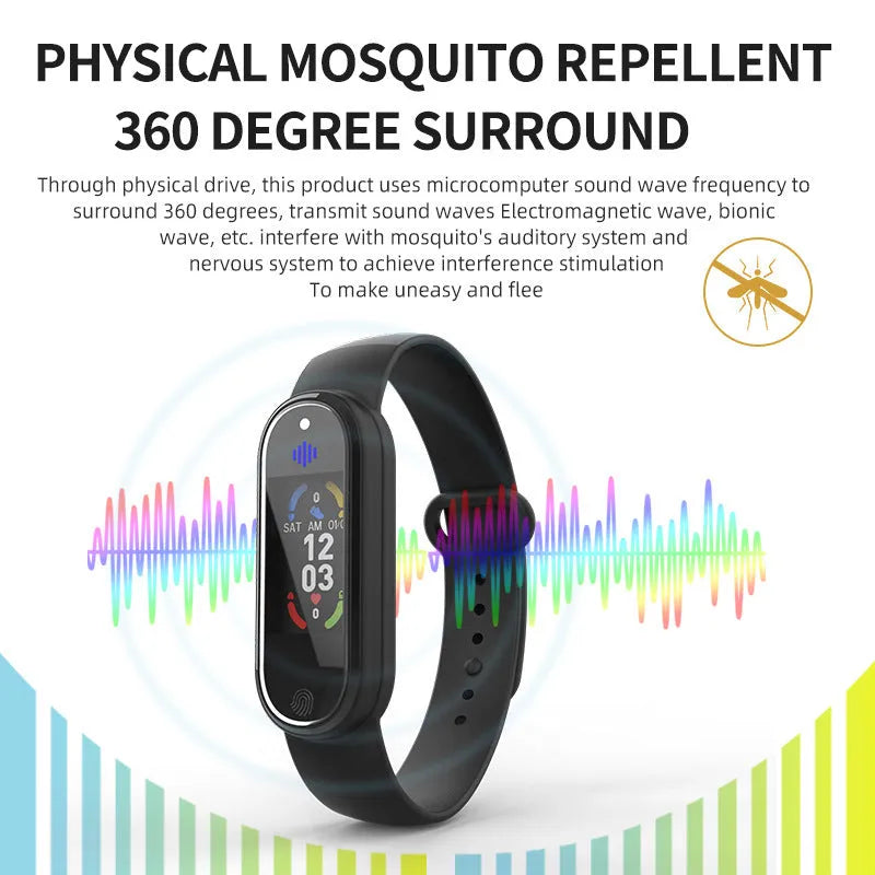 Black and white electronic ultrasonic mosquito repellent bracelet on a wrist.