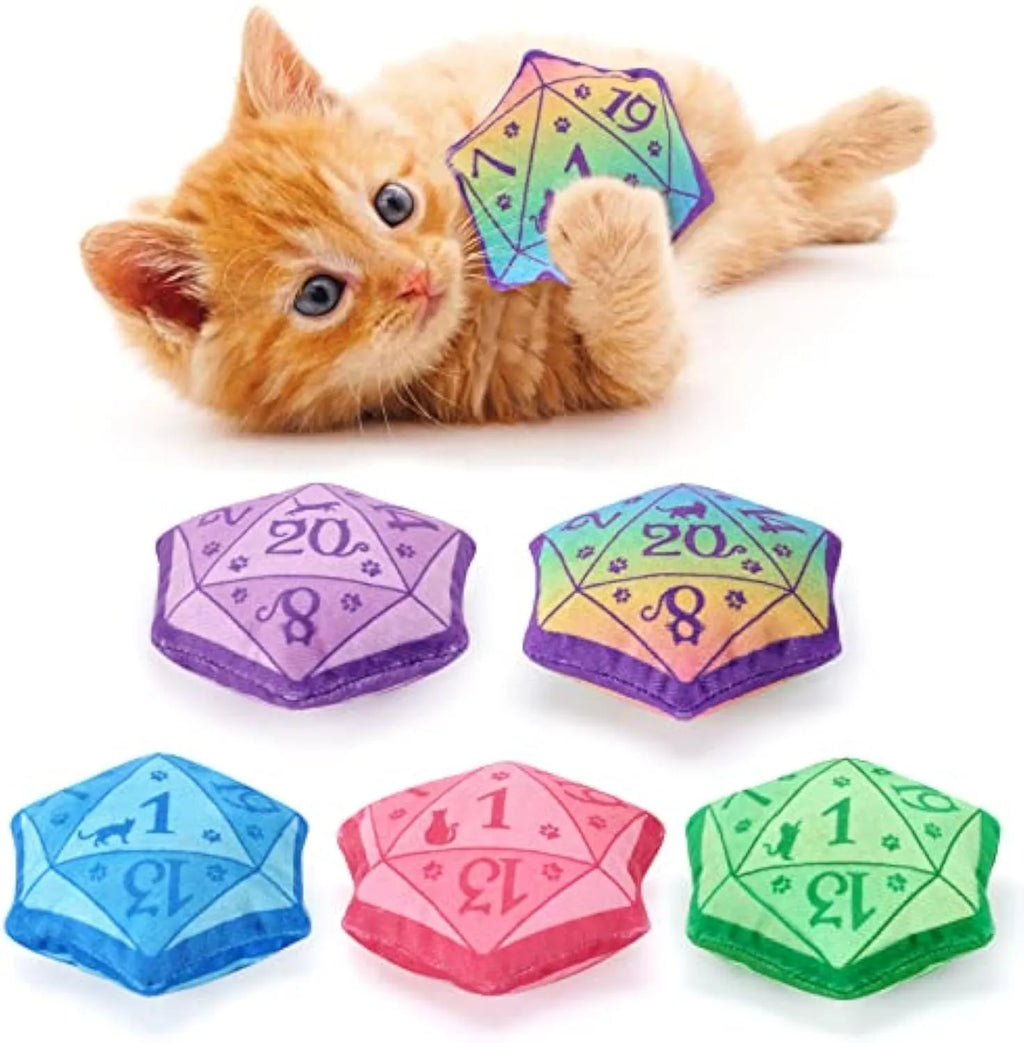 Dice-shaped plush cat toy in various colours with D&D design for feline play
