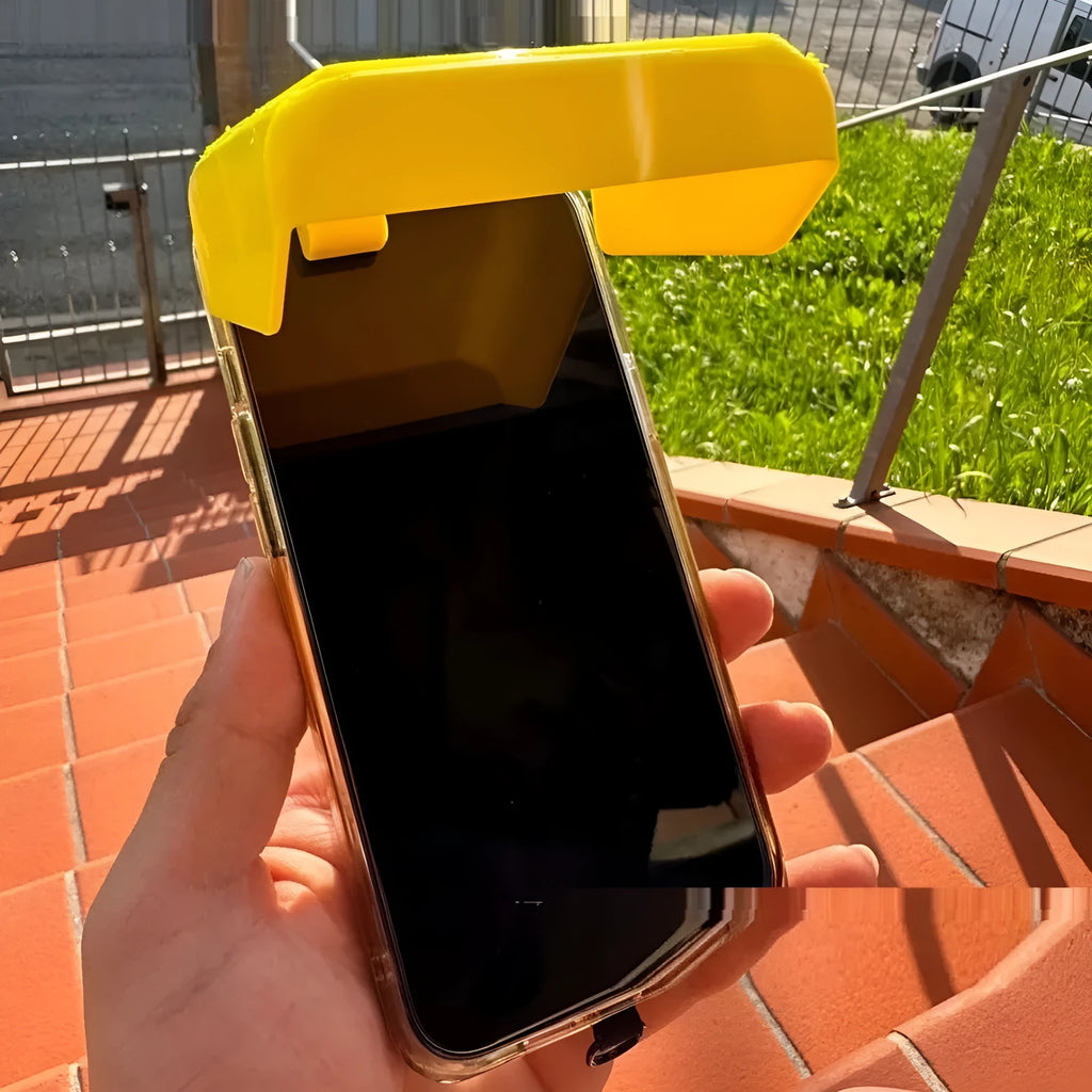 Yellow plastic beach pool phone sunshade holder clipped to mobile device