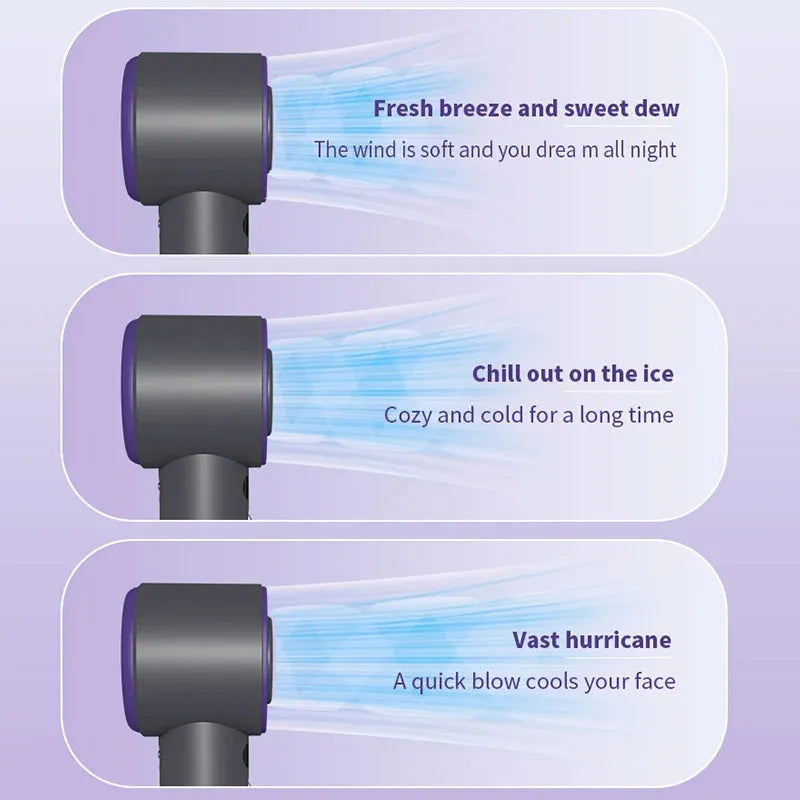 White and grey portable handheld turbo fan with semiconductor cooling and adjustable speeds.