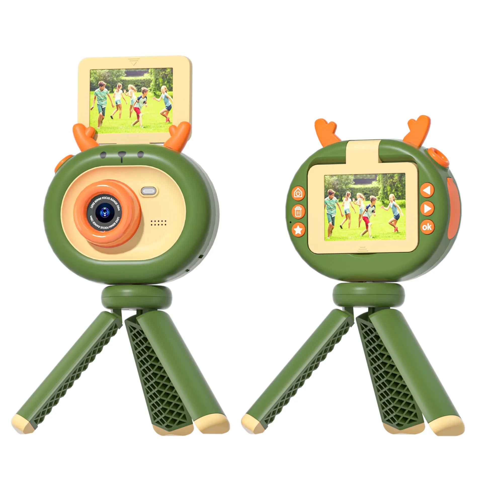 Dark green children's digital camera with flip screen showing cartoon map and accessories including silicone case and USB cable