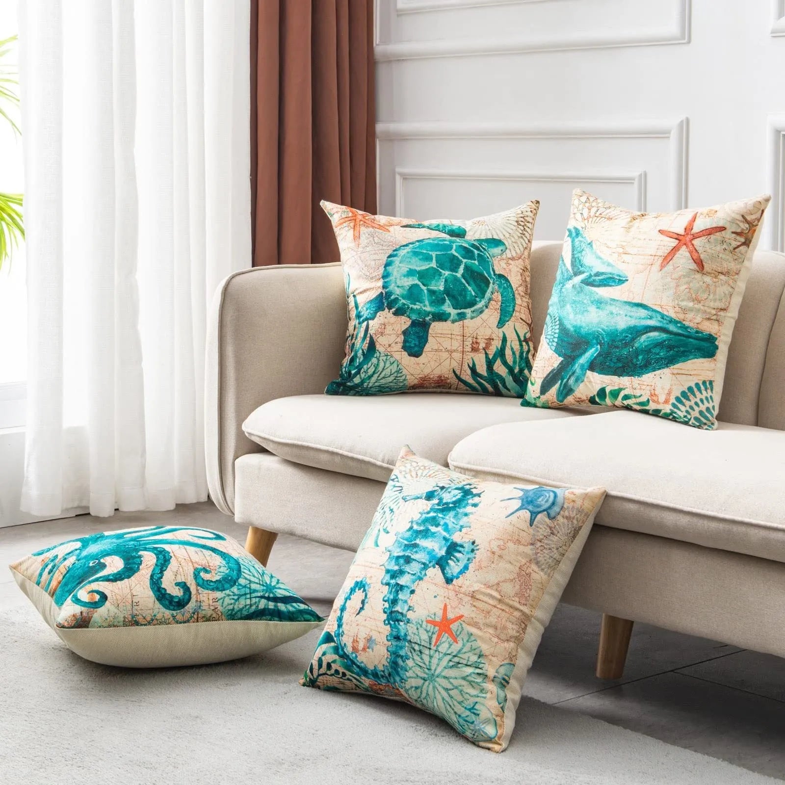 Linen cushion cover with printed sea turtle design, showing invisible zipper and 45x45cm size.