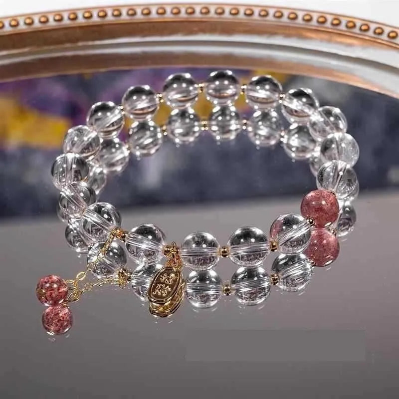 Handmade natural white crystal bracelet with 8mm beads and Matcha Green gift box.
