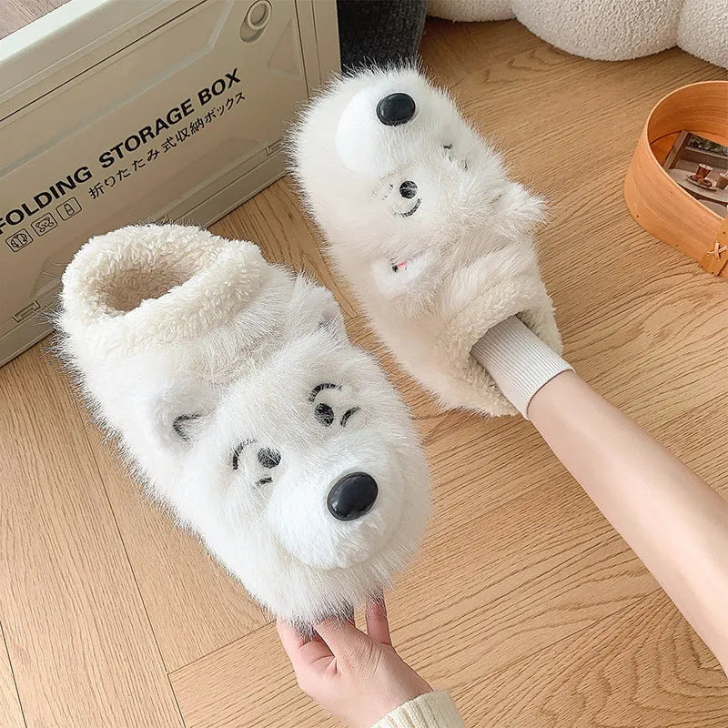 Grey and white ankle wrap cotton slippers with plush upper and non-slip sole.