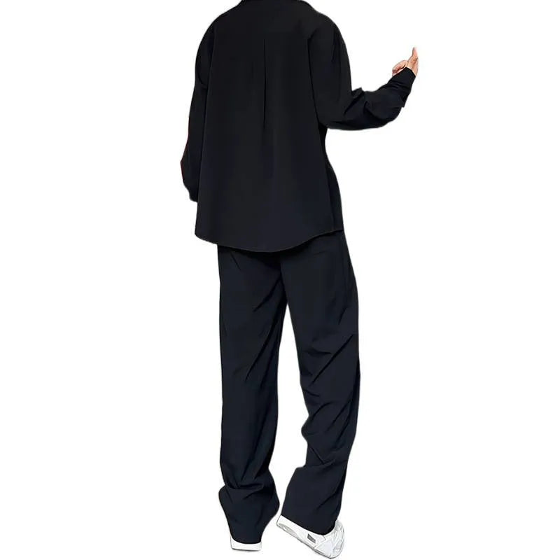 Men's black long sleeve polo shirt and trousers two-piece set in slim fit for casual wear