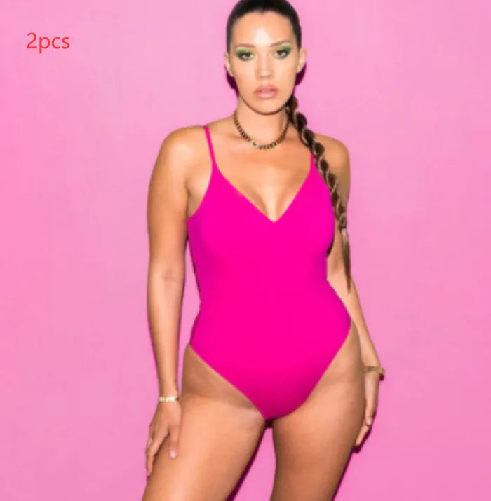 Women's solid colour backless bikini set in six colours on a mannequin, showing the triangle top and tie details.