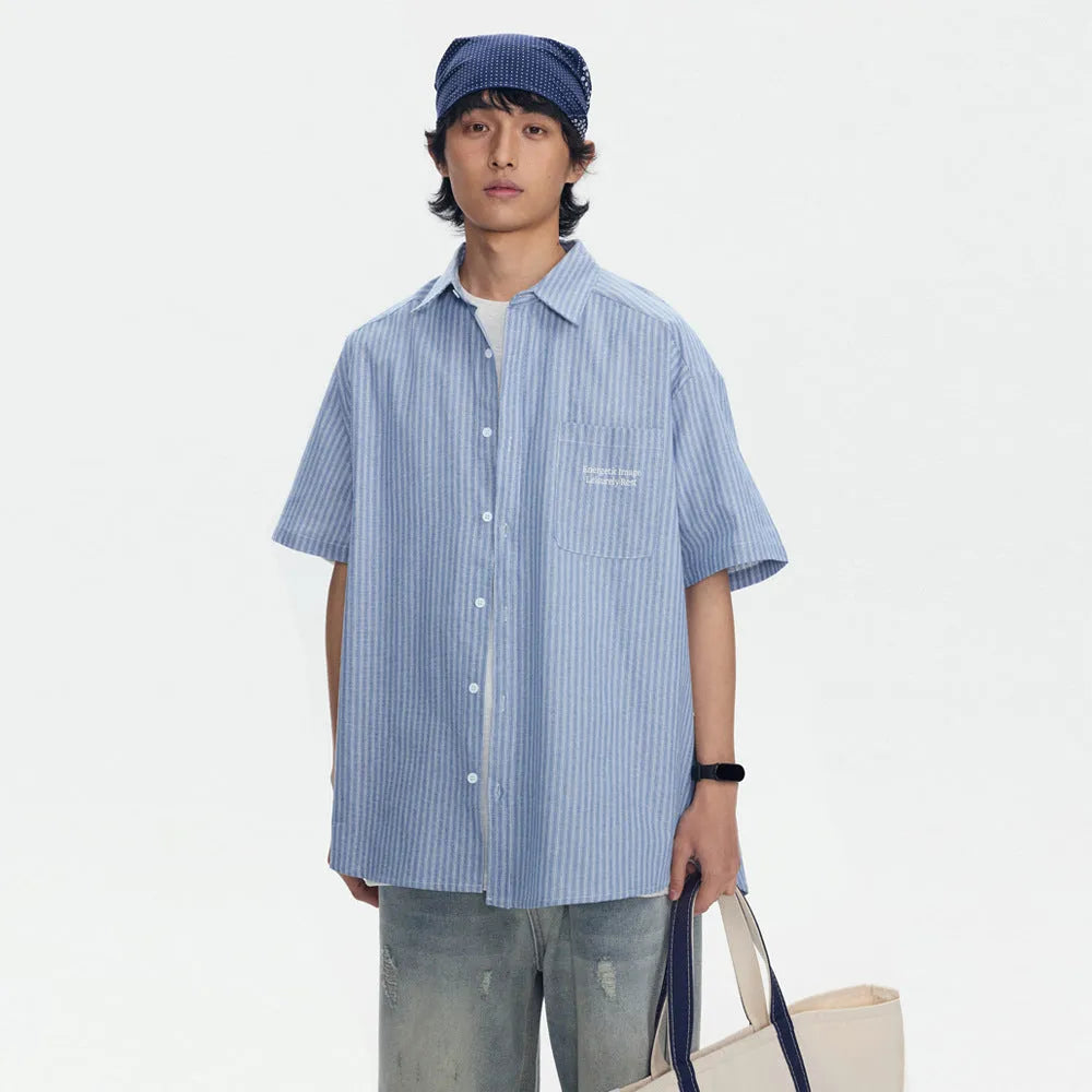 Blue striped short-sleeved overall shirt in loose cardigan style for men and women