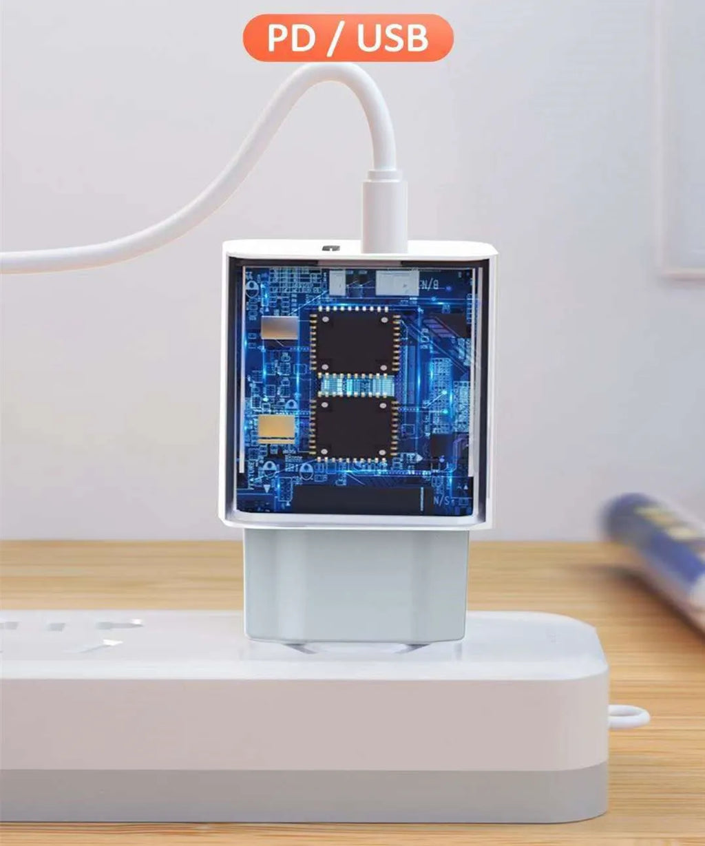 Travel charger with fast charge PD interface for Android phones, bare metal finish, compatible with AU EU UK US outlets