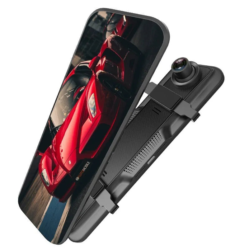 HD 1080p dual lens rearview mirror recorder with 9.66 inch touch screen displaying front and rear video.