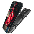 HD 1080p dual lens rearview mirror recorder with 9.66 inch touch screen displaying front and rear video.