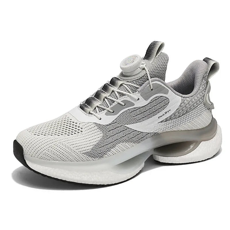 White rotating buckle running shoes with Fly-kit mesh upper and TPU popcorn sole