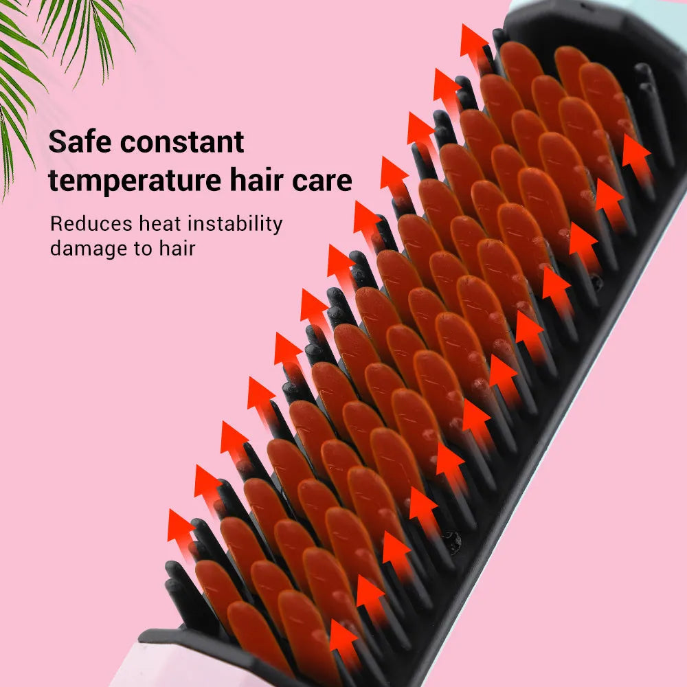 Pink wireless straightening comb with USB charging port and temperature buttons