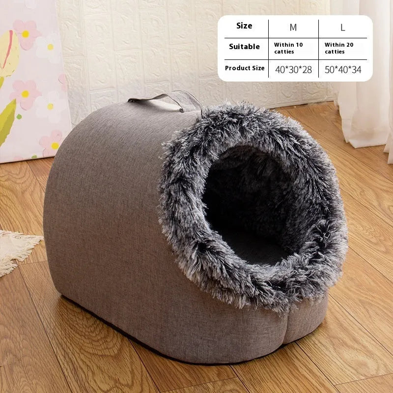 Grey fleece-lined closed cat nest sleeping bag showing enclosed design and soft cloth exterior
