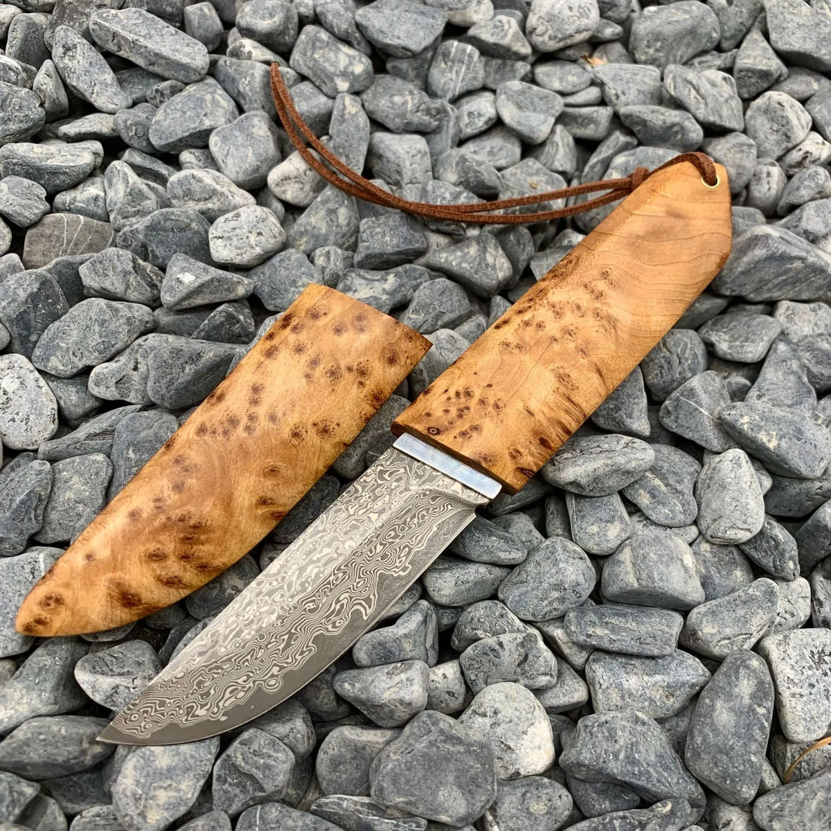 White Shadow Damascus pattern steel camping short knife with Thuja wood handle