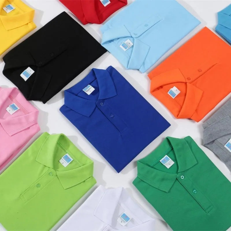 Men's short-sleeved cotton pullover work shirt in straight cut, showing colour options like navy blue and size range