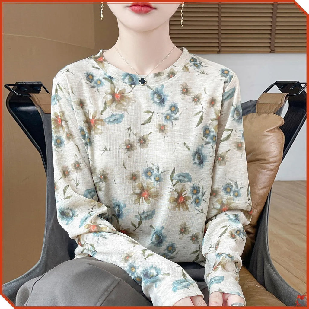 Round neck pullover shirt in Tencel cotton with floral printed design, available in multiple colours and sizes