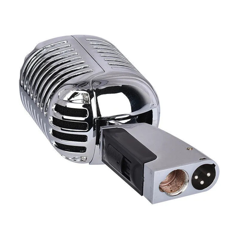 Retro metal wired stage microphone in black or silver with moving coil sensor and cardioid pickup pattern
