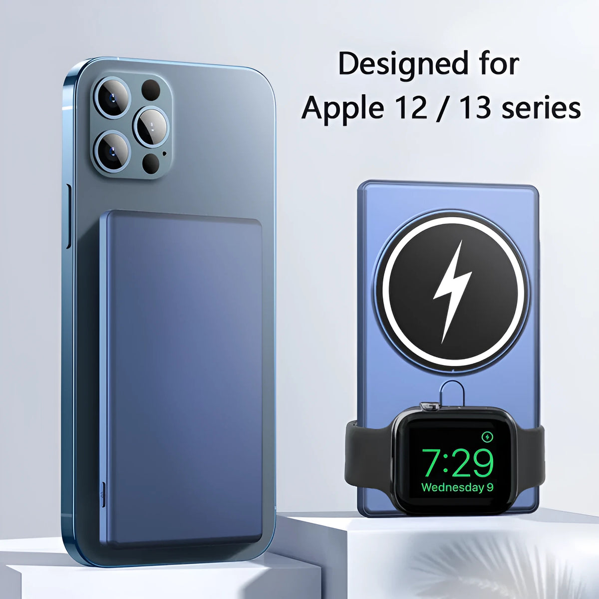 Black and blue slim magnetic wireless charging power bank showing 5000mAh capacity and three charging outputs.