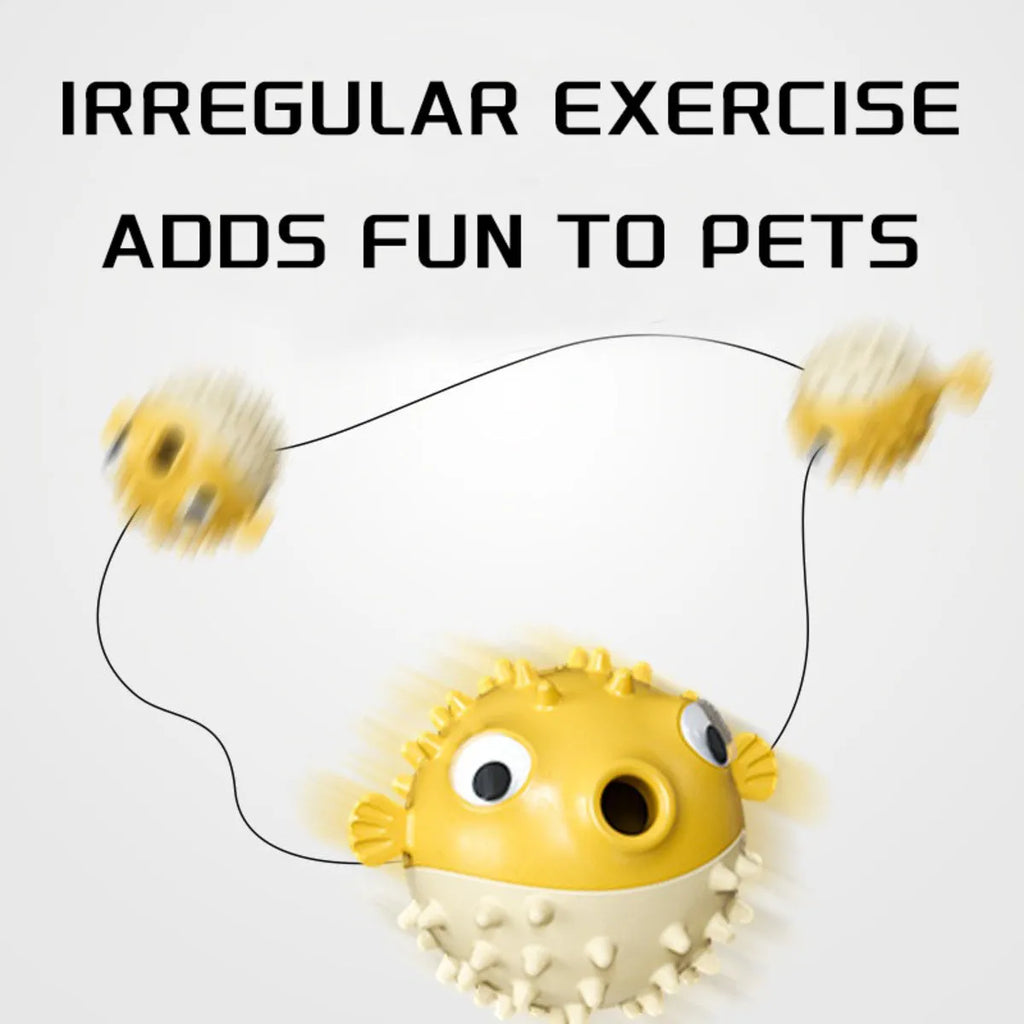 Yellow fish-shaped dog chew toy with textured surface and squeaker, measuring 20cm long