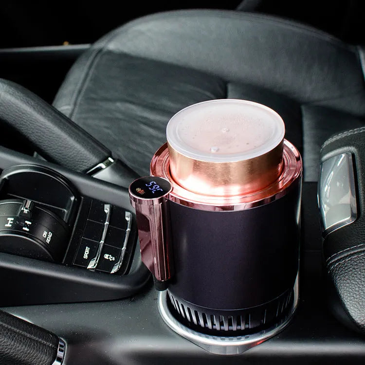 Black car cup holder drink warmer and cooler with digital temperature display showing heating function