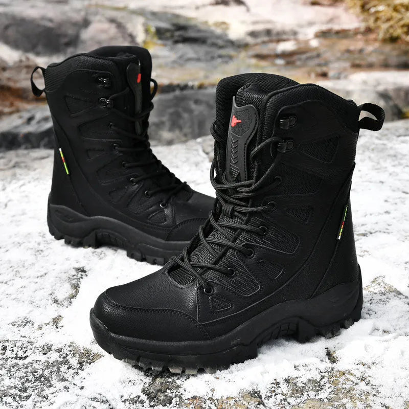 Men's hi-top hiking shoes in beige with cowhide upper, suitable for outdoor activities like running and climbing