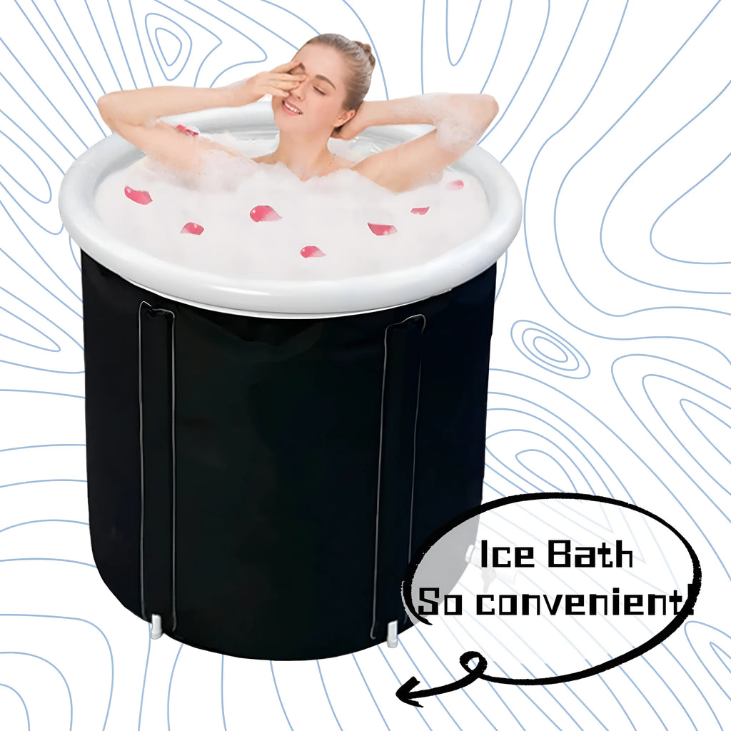 Black portable inflatable PVC ice bath with weather lid, shown at 70x80cm size