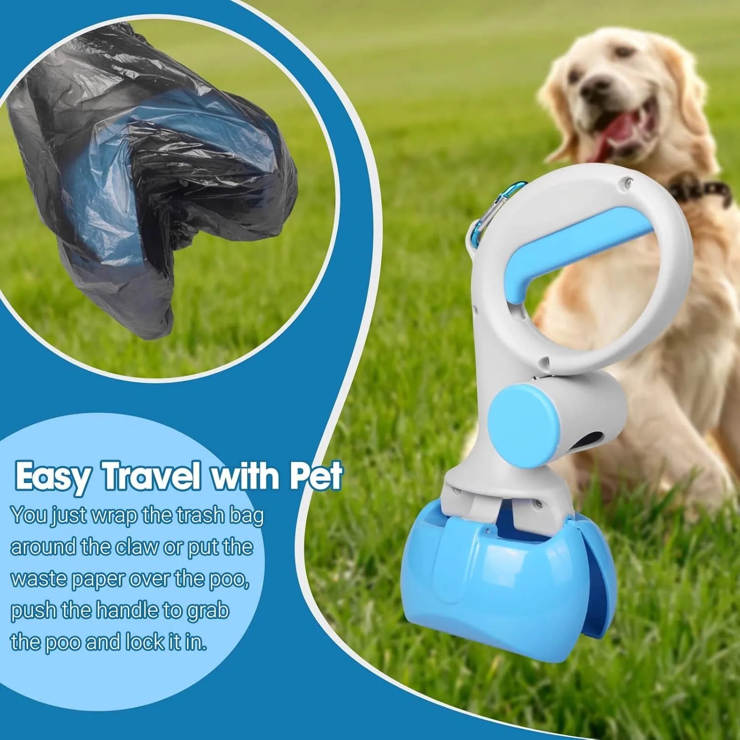 Black pet pooper scooper with integrated trash bag holder, heavy-duty ABS plastic, measures 24cm