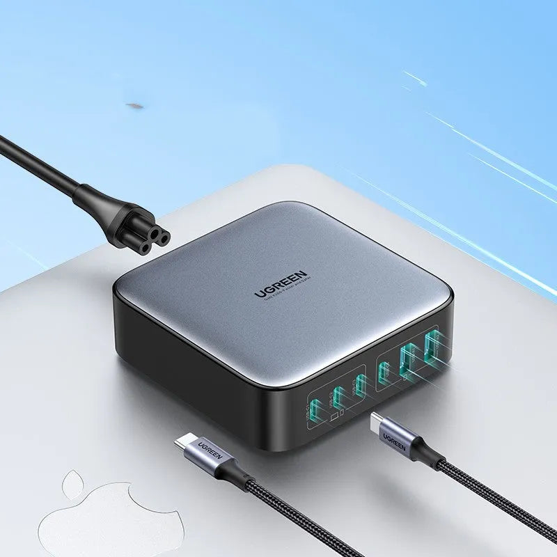 100W Gallium Nitride fast charger plug with USB-C cable on a white background