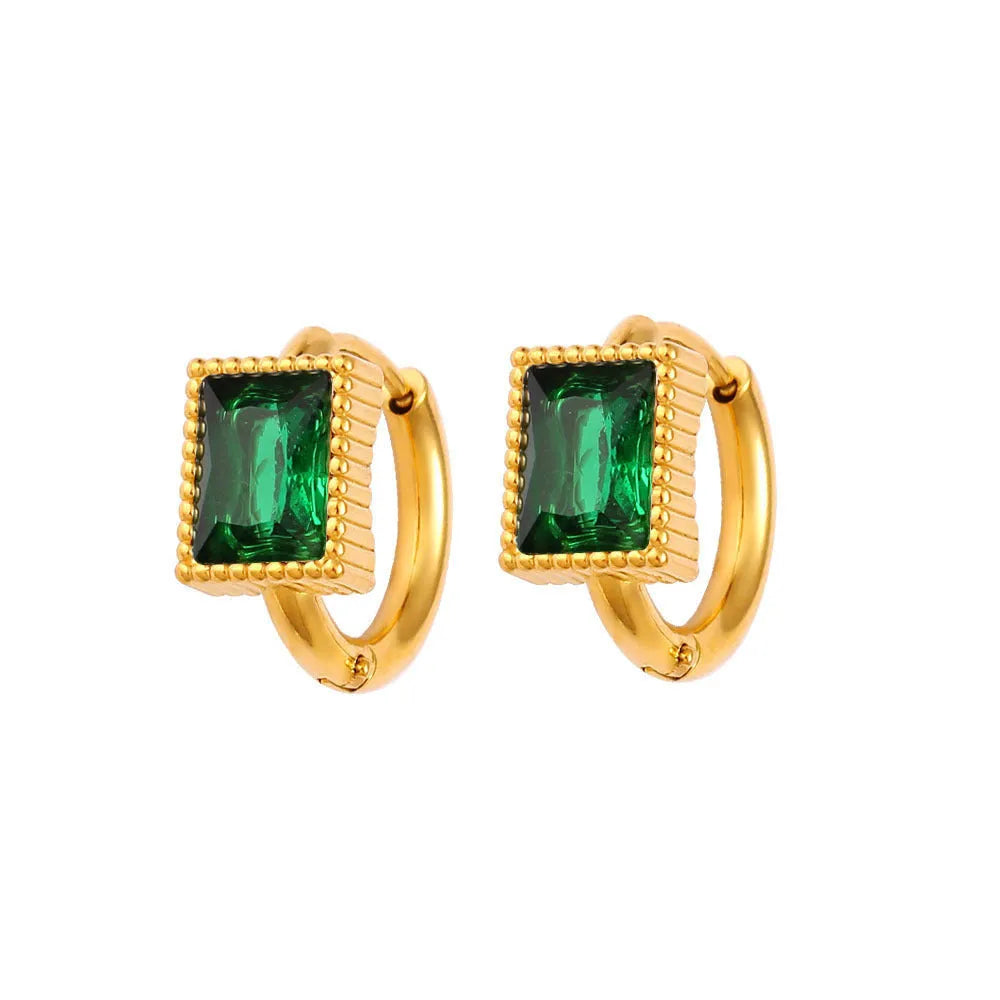 Square geometric stainless steel earrings with round zircon accents in white, black, or green electroplated finish