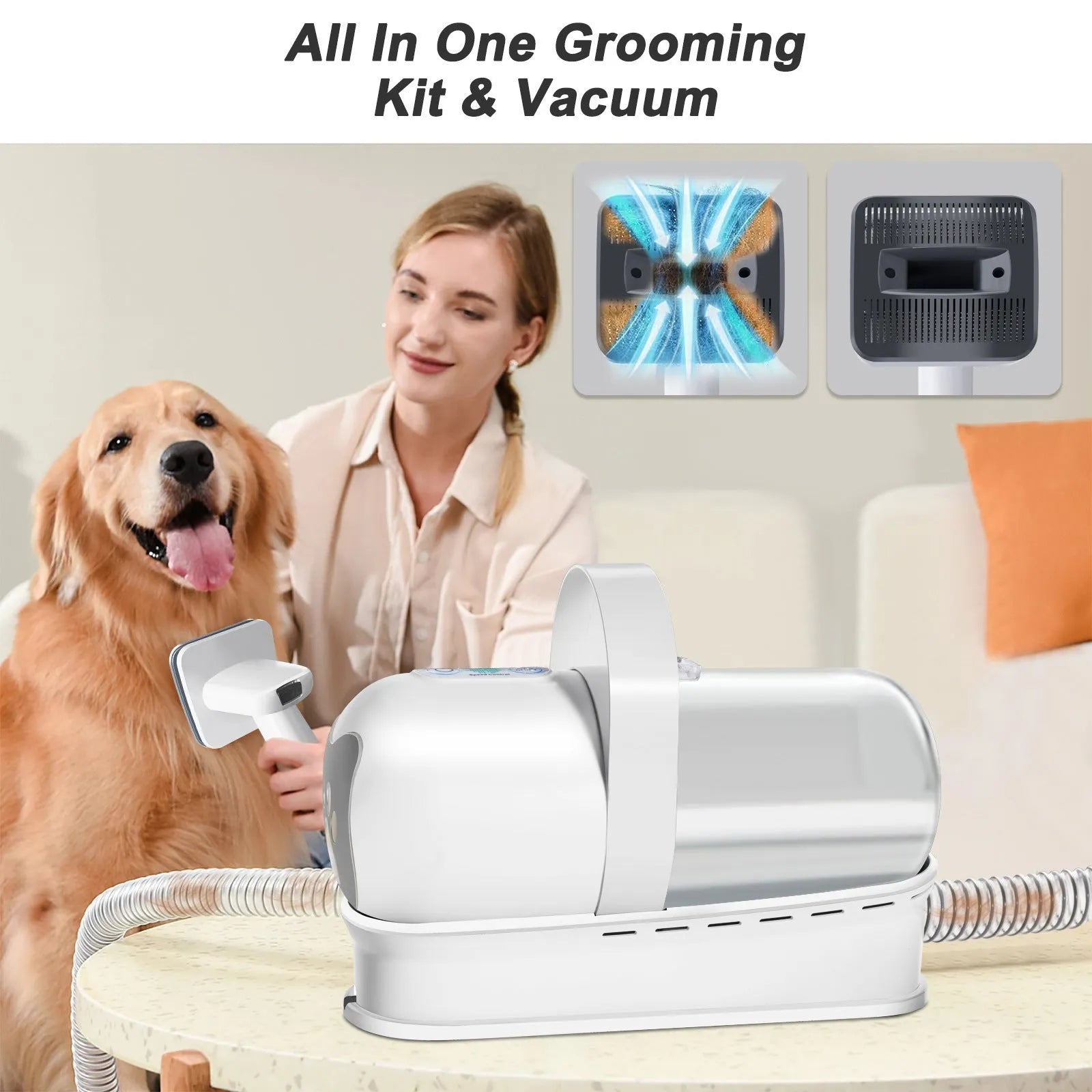 White 7-in-1 vacuum trimming pet grooming device with lady shaver attachment for dogs