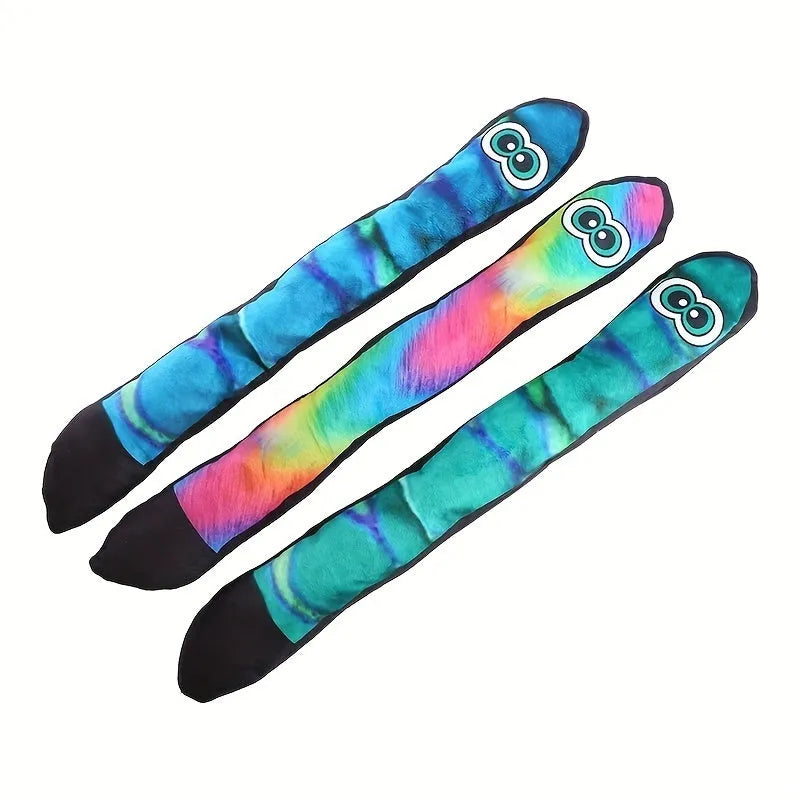 Multicolour snake-shaped plush dog squeaky toy with stripe print and no internal filling