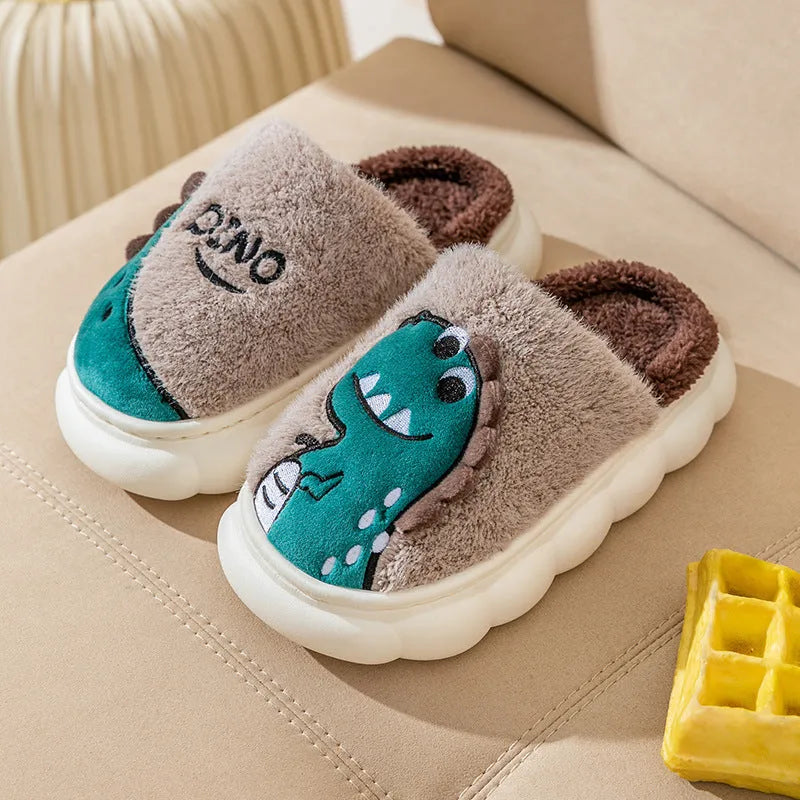 Cotton plush slippers with dinosaur design in grey, coffee, or orange colours for indoor warmth