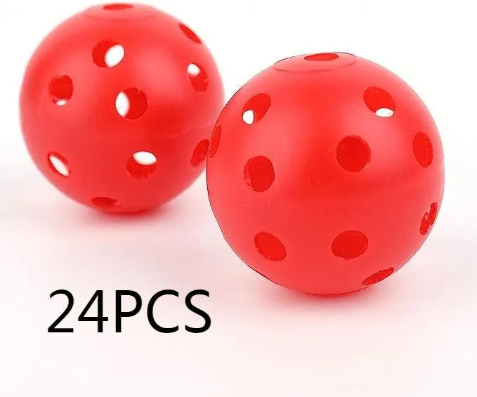 Six-colour golf practice balls in net pocket, each measuring 42mm diameter