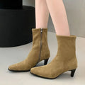 Brown square toe mid-calf boots with side zipper and 3-5cm kitten heel on waterproof platform