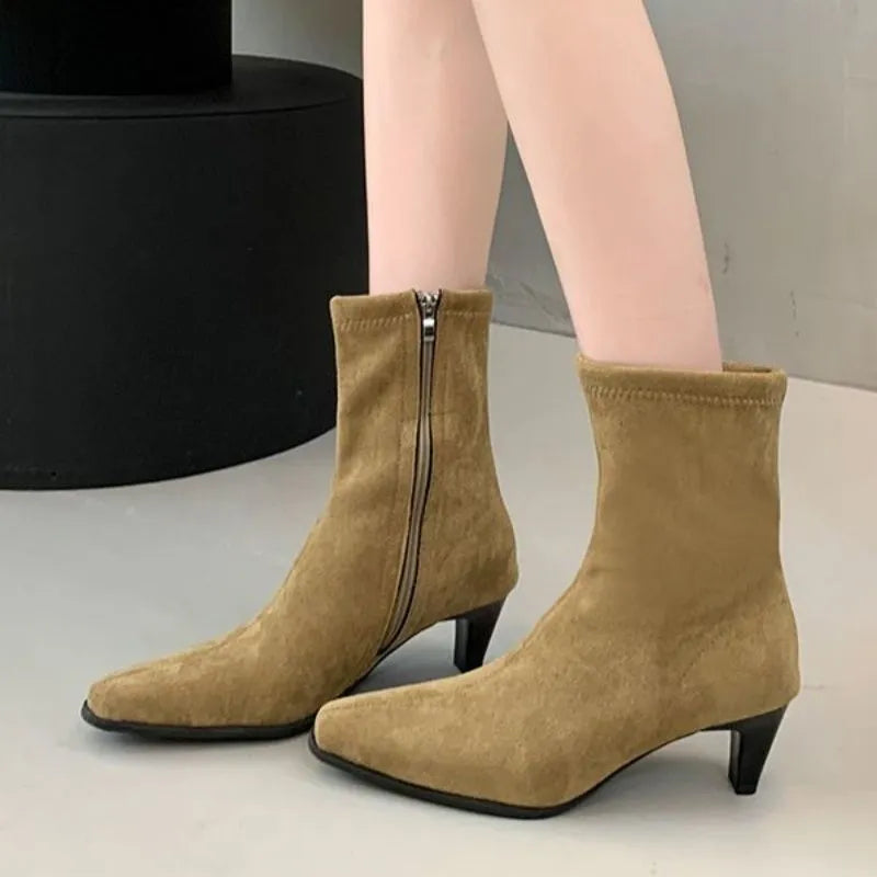 Brown square toe mid-calf boots with side zipper and 3-5cm kitten heel on waterproof platform