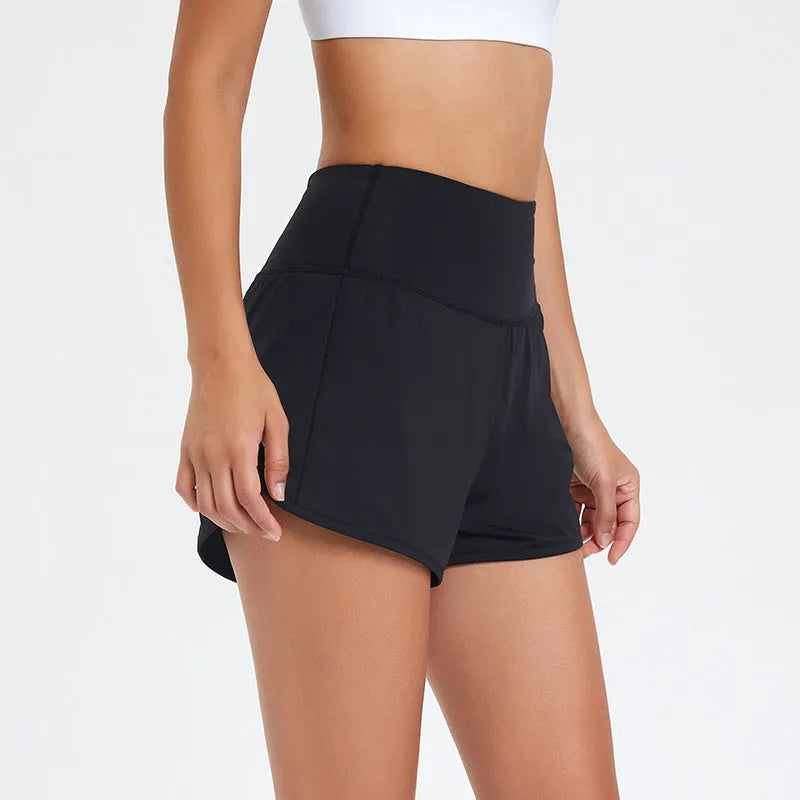 Women's black nylon fitness shorts with high-waist design for summer sports