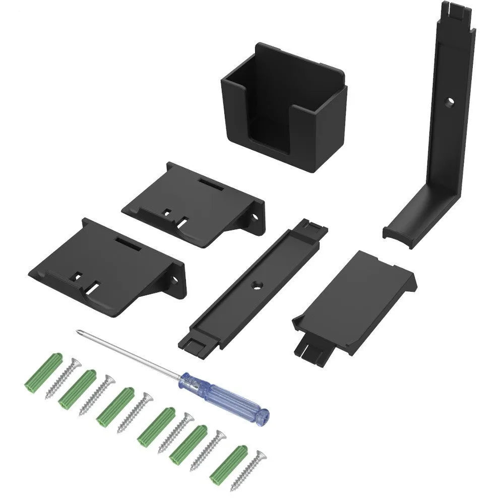 White wall-mounted storage hook holding PS5 controller and gaming headset