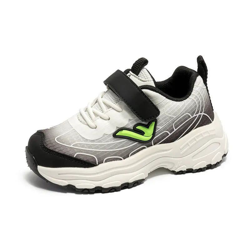 Children's black and purple striped lace-up trainer shoes with mesh fabric upper