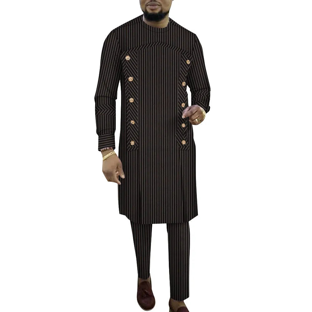 Men's striped cotton African two-piece robe set showing long sleeve top and matching trousers