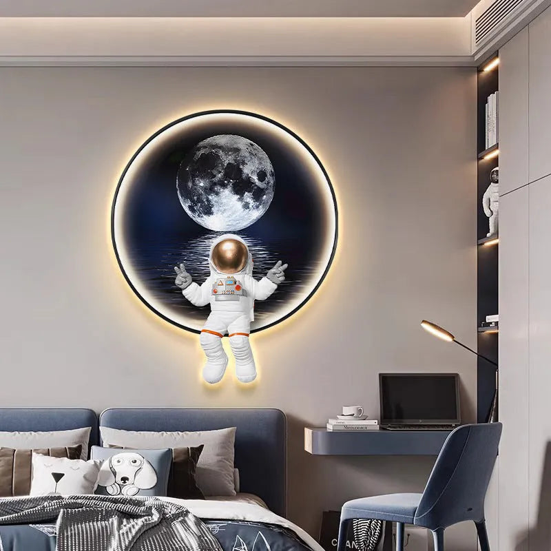 Spaceman-themed canvas wall painting for children's rooms, available with optional integrated USB LED bedside lighting.