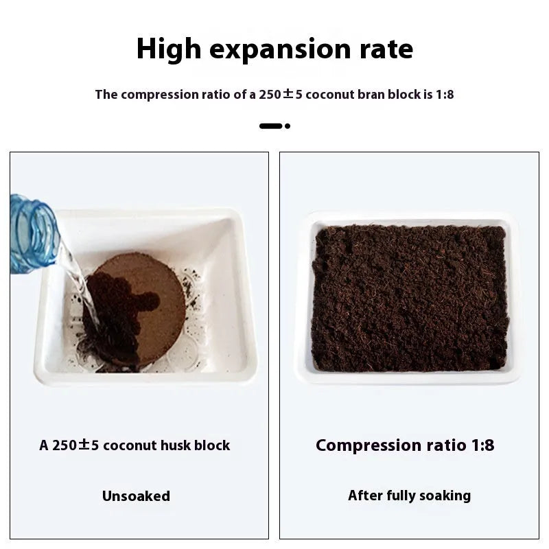 Compressed nutrient soil blocks for vegetable planting showing expansion when watered, with size options from 30x10mm to 100x20mm