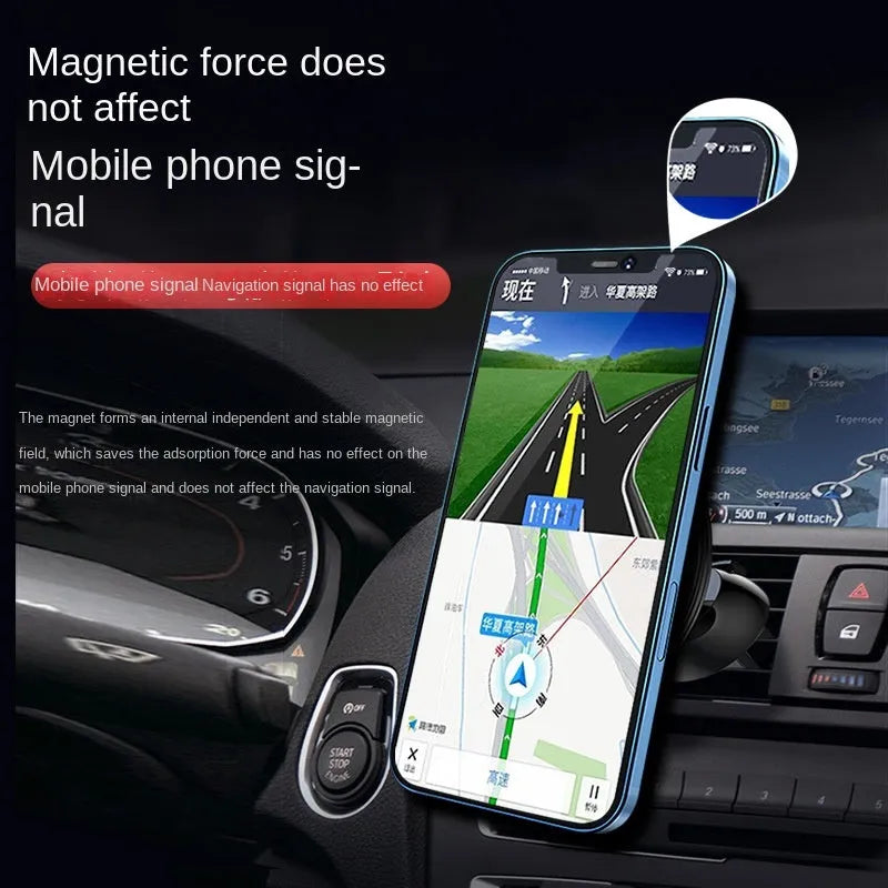 Black aluminium alloy magnetic car phone holder mounted on vehicle air vent with smartphone attached